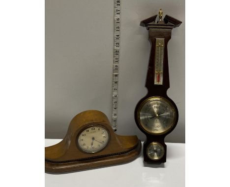 A vintage wooden cased mantle clock and barometer, shipping unavailable