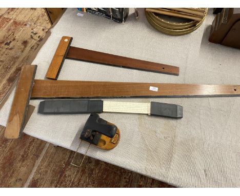 Two vintage wooden set squares, vintage hole punch with technical ruler, shipping unavailable
