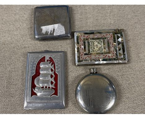 Three vintage cigarette cases and a small hipflask