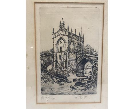 A antique framed and signed original etching by Willie Rawson 'The Chapel on the Bridge, Rotherham,' 48x33cm, shipping unavai