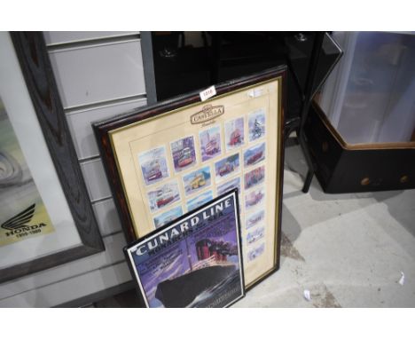 A Cunard advertising print and Castella framed cards