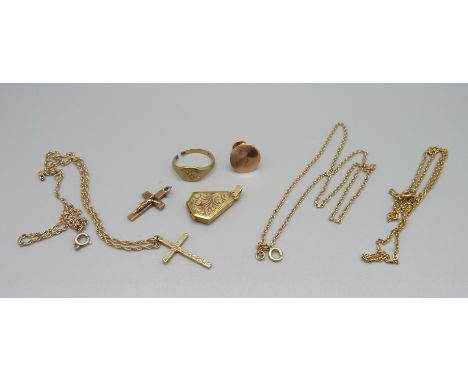 9ct gold;- locket, crucifix, cross pendant, ring a/f, stud and three chains, one fastener a/f, total weight 18g 