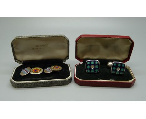 A pair of silver and enamel cufflinks and a pair of vintage Eton cufflinks 