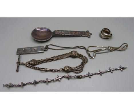A silver ingot pendant on chain, a silver bracelet, a/f, an Albertina chain, a silver ring and a Danmark spoon 