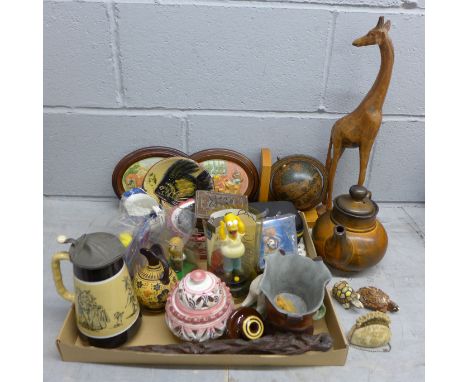 A collection of china and other assorted items including a small globe, figures, teapot, etc., and five models of elephants**