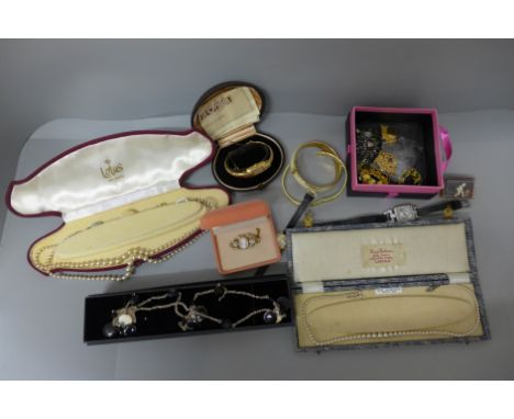 A lady's gold plated Favre-Leuba bangle wristwatch, with original box, other wristwatches and costume jewellery 