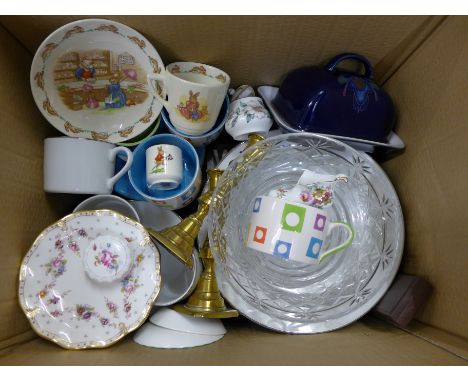 A Royal Doulton Bunnykins cup and saucer, Wittards of Chelsea, coffee cups and saucers, a pair of brass candlesticks, Wedgwoo