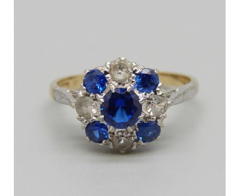 A 9ct gold and platinum set white and blue stone ring, 2.6g, N 