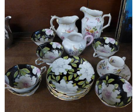 Six Paragon cups and saucers, (not matching, 6 + 6), a Shelley jug, two Derby Posies jugs and a Royal Worcester coffee can an