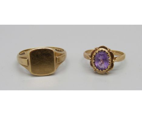 A 9ct gold signet ring and a 9ct gold and amethyst ring, 6.5g, S and L 