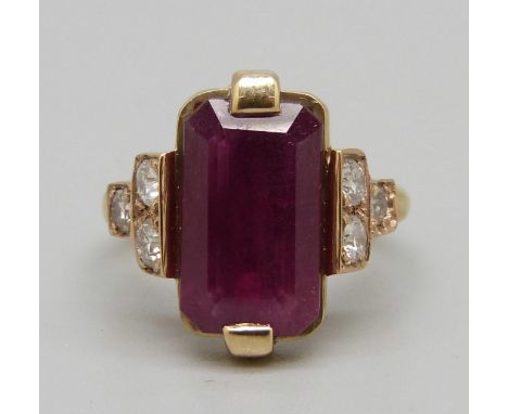 An 18ct gold, ruby and diamond ring, ruby approximately 6ct, 6.7g, O 