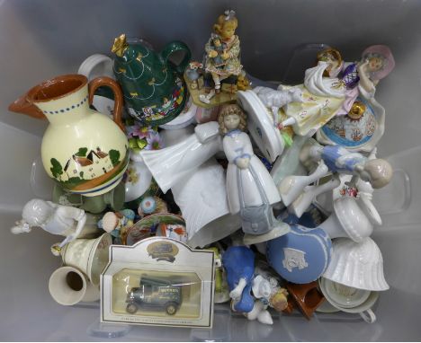 A collection of china including Wedgwood Jasperware, a Royal Worcester pot, Portmeirion vase, Kaiser vase, cottage ware teapo