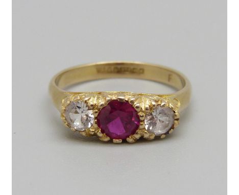 A 9ct gold, ruby and white stone ring, 2.8g, O 