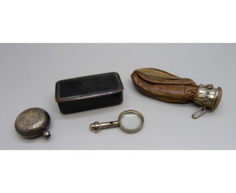 A silver sovereign case, a/f, a misers purse, a snuff box and a small magnifying glass 