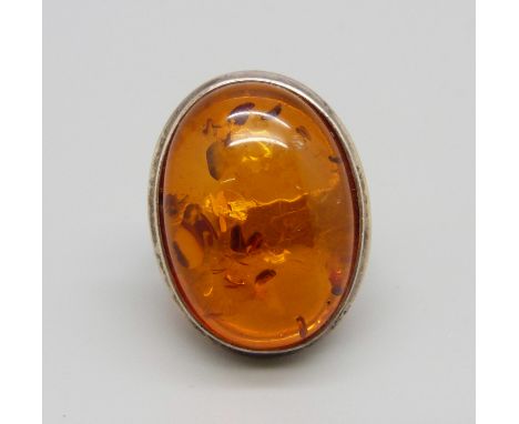 A silver and amber ring, P 