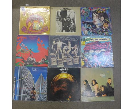 Nine LP records including Jimi Hendrix, The Who, Bob Dylan, Yes, etc. 