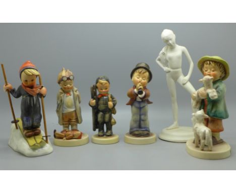 Five Goebel figures and one other figure of a ballet dancer 