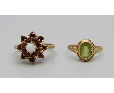 Two 9ct gold rings, peridot set and opal and garnet set, 4.8g, N and P 