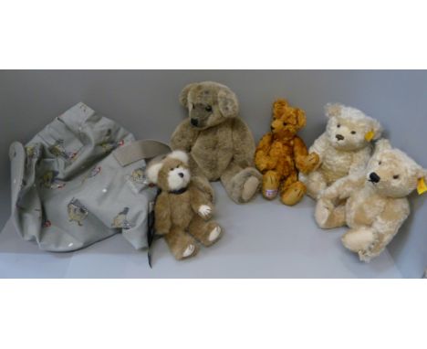 Two Steiff Teddy bears and three other Teddy bears 