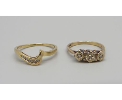 Two 9ct gold and diamond set rings, 3.3g, I and M 
