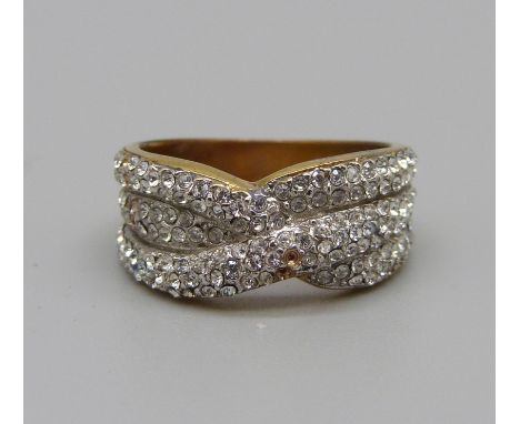 A silver gilt, three row white stone ring, a/f, O 