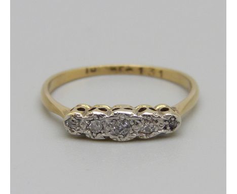 An 18ct gold, platinum set and five stone diamond ring, 1.8g, M 