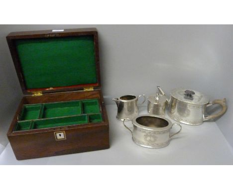 A three piece plated tea service and a plated caddy and a jewellery box with mother of pearl inlay and secret drawer 