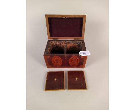 George III mahogany tea caddy inlaid with satinwood ovals decorated with floral sprays, original lids to interior
