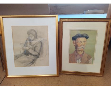 Five framed mixed media pictures including a pencil of a seated lady, unsigned 10 1/2" x 12 1/4", a watercolour of a countrym