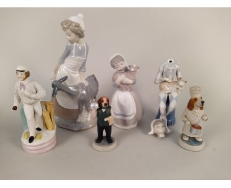 Three Nao figurines (one as found), a pair of Staffordshire copper lustre dogs, Carlton ware tobacco jar, Wedgwood jar, paper