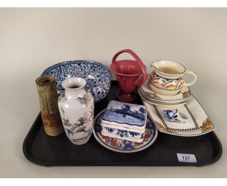 A blue and white 'Woods &amp; Son' porcelain bowl, an Art Deco sandwich set, a Japanese porcelain vase with crane decoration,