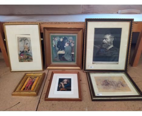 A box of mixed framed prints including religious subjects, a James Dowd lithograph etc