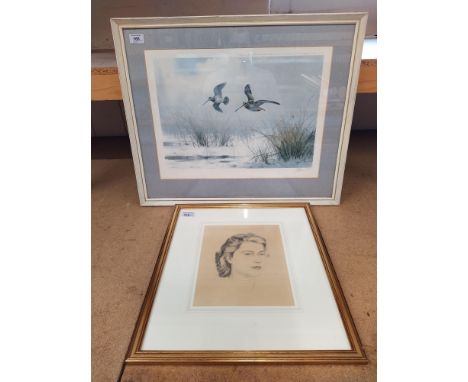 J C Garrison signed print of snipe in flight plus a Peter Scott lithograph 'Portrait of HRH Princess Elizabeth 1947' with exh