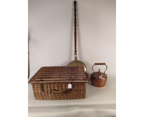 A vintage wicker picnic hamper, a Victorian copper kettle plus a brass warming pan with barley twist turned handle