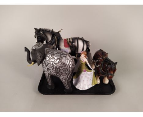 Two pottery model shire horses, a silver decorated pottery Indian elephant plus a Royal Doulton 'Ella' figurine