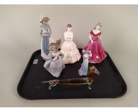 A Coalport figurine 'Belinda' plus 'Anthea' and a smaller 'Anita' with two Nao figures of girls and a long glass dog