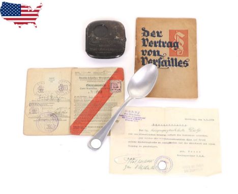 Small WW2 German Grouping, including an aluminium Luftwaffe mess hall spoon, German Grenzausweis with additional document, 19
