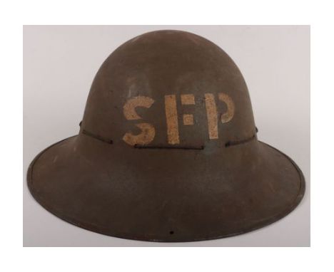 WW2 British Street Fire Party Helmet: Zuckerman civil helmet with S F P to front complete with liner, stamped with maker to b