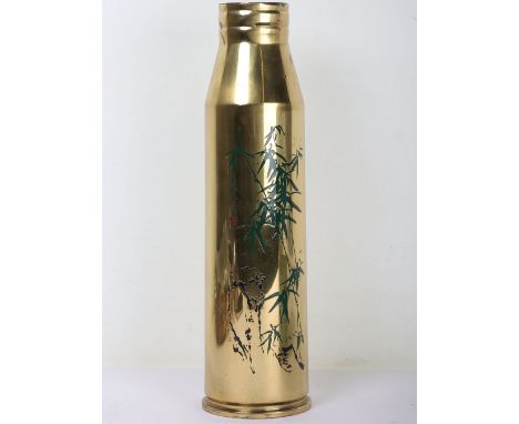 WW2 Japanese Presentation Shell Case: Inert brass shell case with painted green and red engraving picture and writing with da