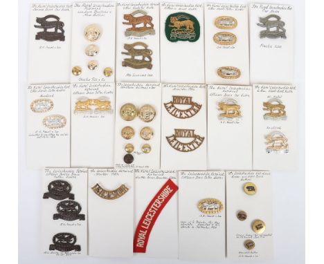 Grouping of badges to The Royal Leicestershire Regiment. Lot includes an Officer’s wire beret badge, WW2 plastic Economy issu