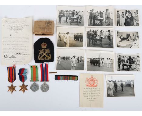 WW2 Royal Navy Medal Group and Japanese Surrender Photographs: WW2 Royal Navy medal box with name/address to top, 1939-45-sta