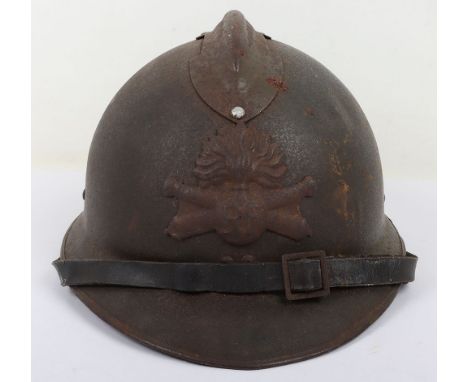 WW2 French Artillery Helmet: Artillery badge to front of helmet complete with black leather liner and chin strap. 
