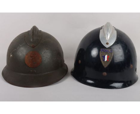 WW2 French Adrian Combat Helmet: Combat green painted steel helmet with badge to front complete with liner and chin strap wit