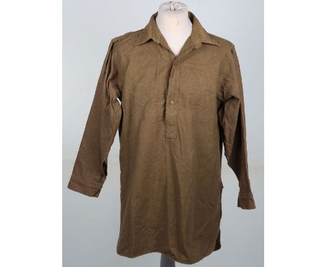 WW2 British Army Shirt: Khaki wool shirt with white label with makers R.ELWOOD size 8 1945 with arrow and one other vintage p