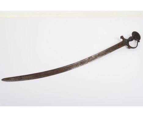 Indian sword tulwar, 19th century, curved single edge blade 75cms cut with a single narrow fuller, 3 inlaid brass devices at 
