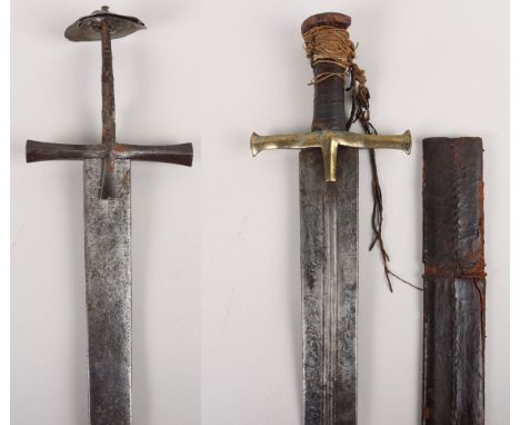 Sudanese Sword Kaskara:  Mahdist Period Sword Kaskara, broad straight double edge blade 96cms cut with a long single narrow f