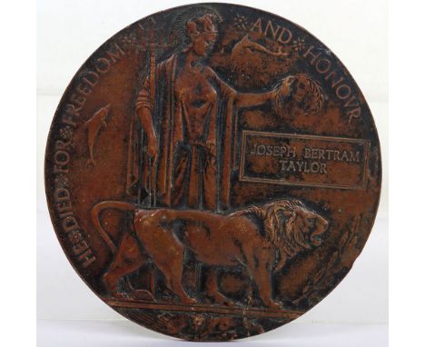 The rare and important Great War Memorial Plaque to Lieutenant Joseph Bertram Taylor who was killed in aerial combat, becomin