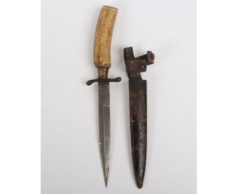 WW1 German Trench Fighting Knife, with one piece stag horn grip, steel cross guard, housed in scabbard with leather belt loop