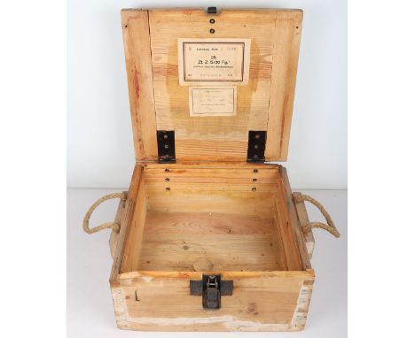 WW2 German Flak Ammunition Box: Wooden crate box with paper label and details to top of inside lid, rope handles, dated 1944,