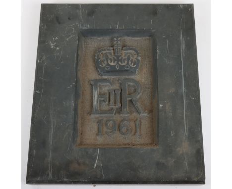 Queen Elizabeth II Stone Building Plaque: Very heavy grey stone plaque with crown ER II 1961 to centre, 47 x 40 and 5 cm wide